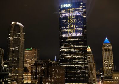 A laser projection displays a message for Heisman nominee Kenny Pickett in Pittsburgh, PA
