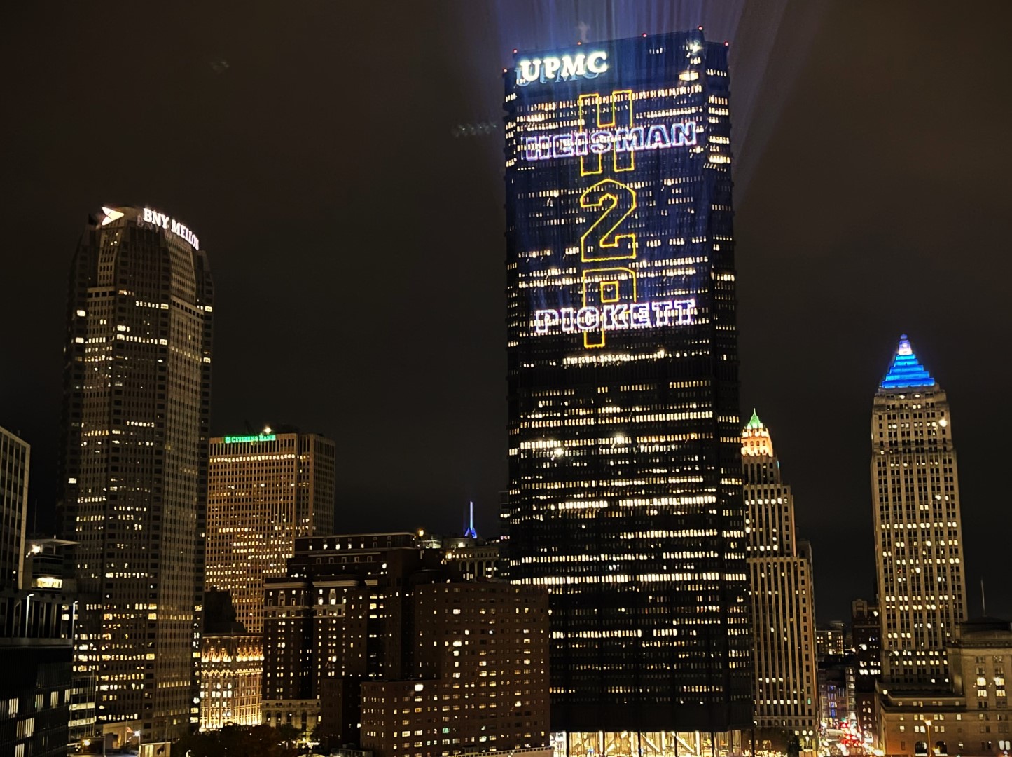A laser projection displays a message for Heisman nominee Kenny Pickett in Pittsburgh, PA