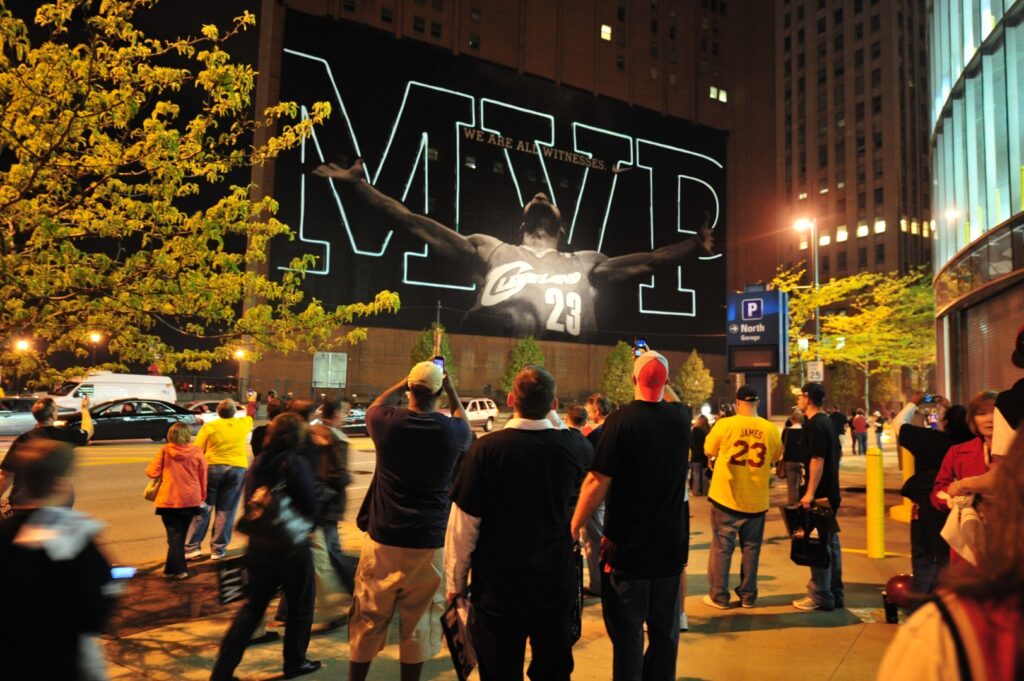 High powered lasers create a massive scale drawing on a Cleveland building for LeBron James MVP