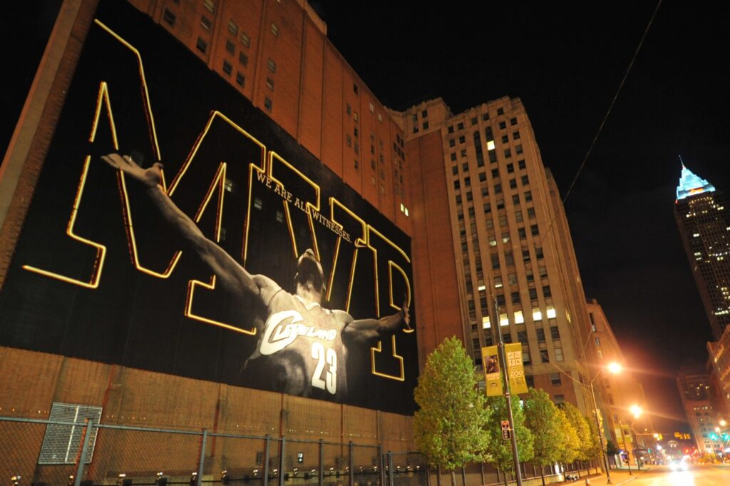 High powered lasers create a massive scale drawing on a Cleveland building for LeBron James MVP