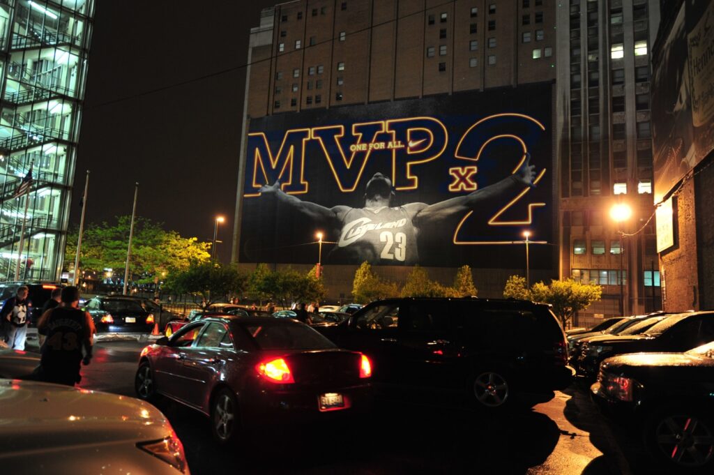 High powered lasers create a massive scale drawing on a Cleveland building for LeBron James MVP