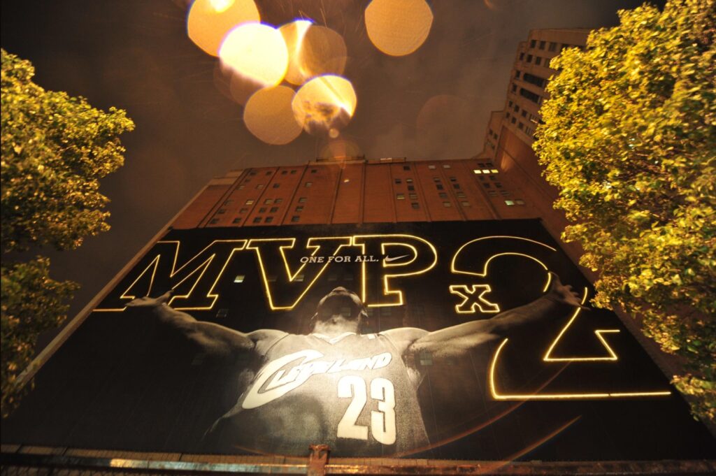High powered lasers create a massive scale drawing on a Cleveland building for LeBron James MVP
