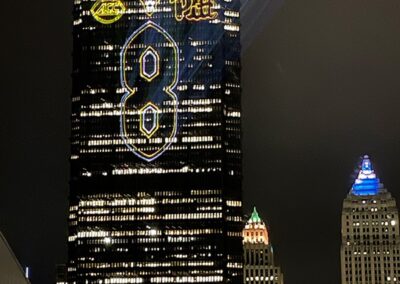 A laser projection displays a message for Heisman nominee Kenny Pickett in Pittsburgh, PA